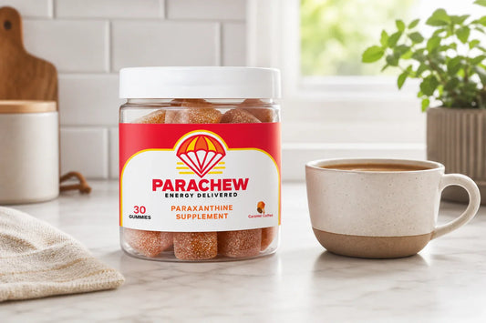 Athlete reaching for Parachew energy gummies in a gym bag, illustrating the benefits of paraxanthine for pre-workout performance and focus