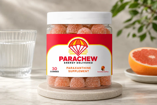 Parachew paraxanthine gummies product packaging on a performance desk setup illustrating what is Enfinity as a clean energy supplement ingredient