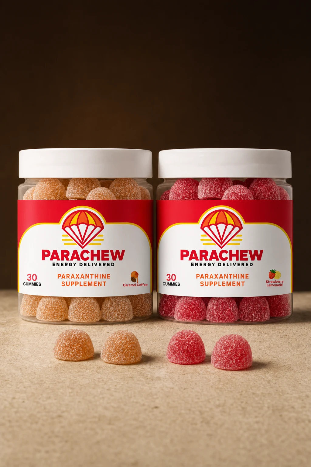 Both Parachew flavors, Caramel Coffee and Strawberry Lemonade, side by side