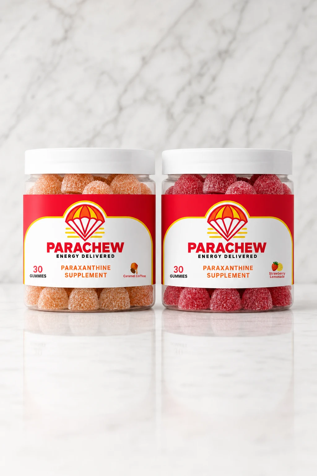 Two Parachew jars side by side, Caramel Coffee and Strawberry Lemonade