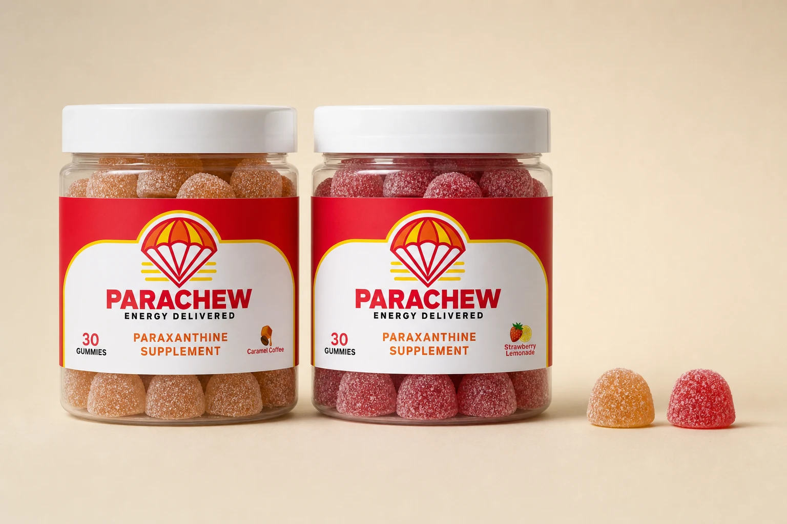 Parachew jar beside exactly two sugar coated gummies laid out on a cream backdrop