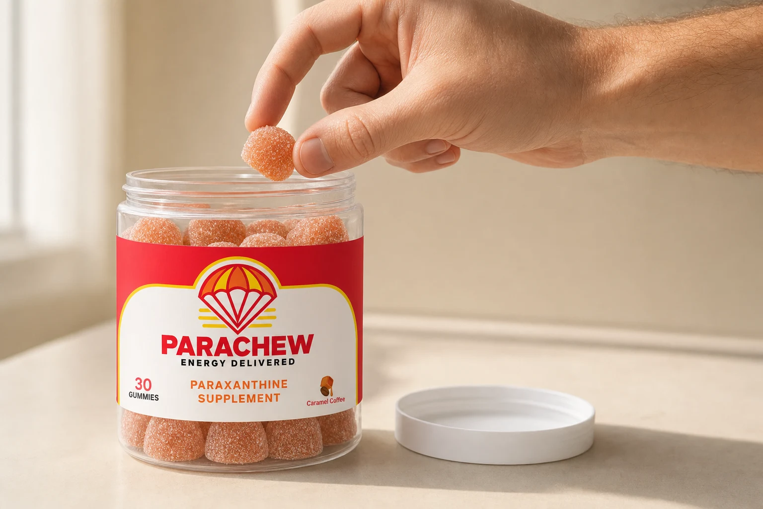 A hand taking a single gummy from an open Parachew jar in bright morning light