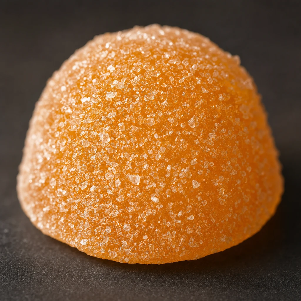 Close up of a single sugar coated Parachew gummy on a dark surface