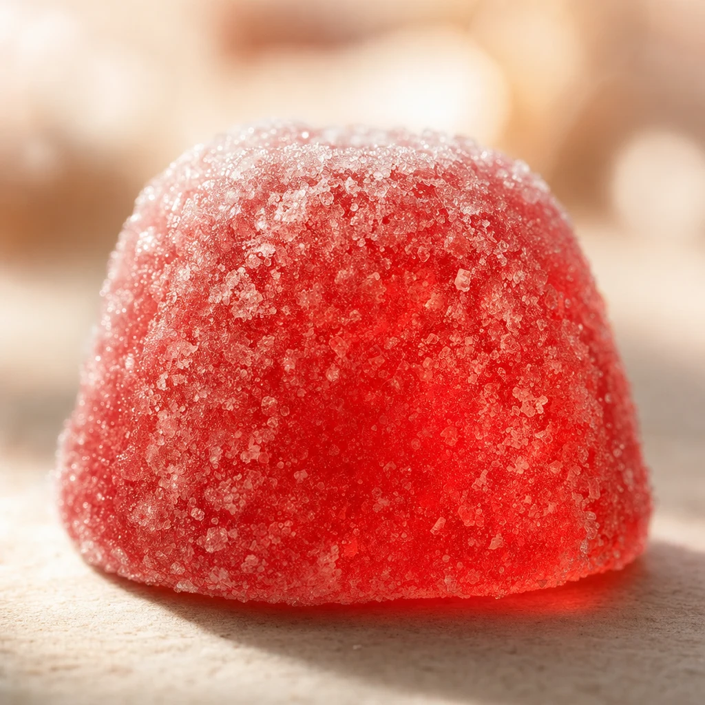 Backlit close up of a single red Parachew gummy glowing warm crimson