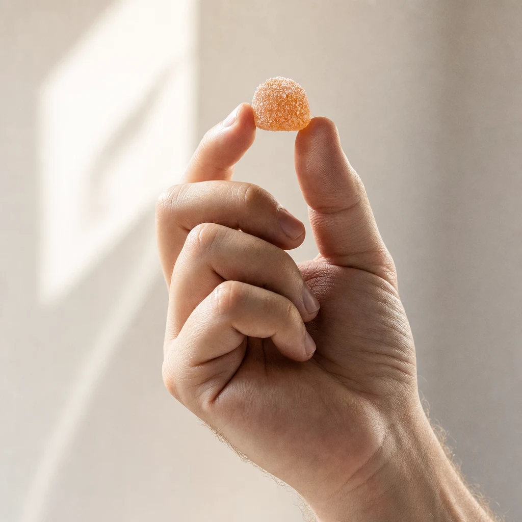 A hand holding a single Parachew gummy up to soft window light