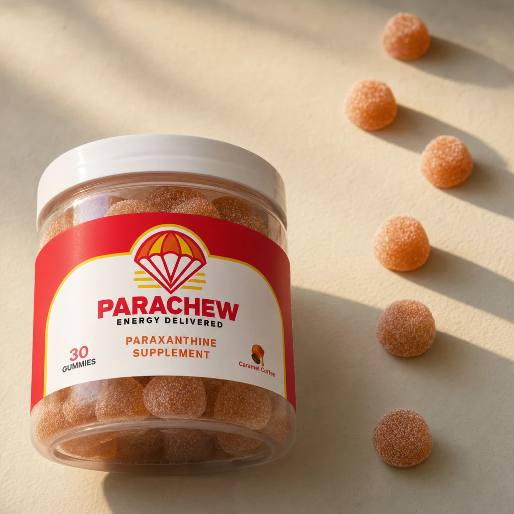 A Parachew jar on its side with gummies trailing away in long light