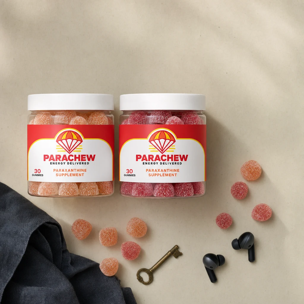 Both Parachew jars, Caramel Coffee and Strawberry Lemonade, laid out with loose sugar coated gummies, earbuds and a folded towel